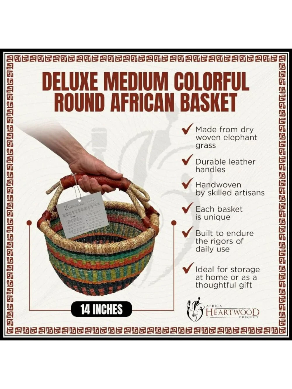 Handmade Colorful African Basket with Leather Handle - 14
